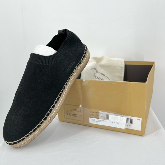 Prada Womens Sock Style Espadrille Flat Shoes Black Knit Slip On Italy 8.5 NEW - Picture 1 of 7